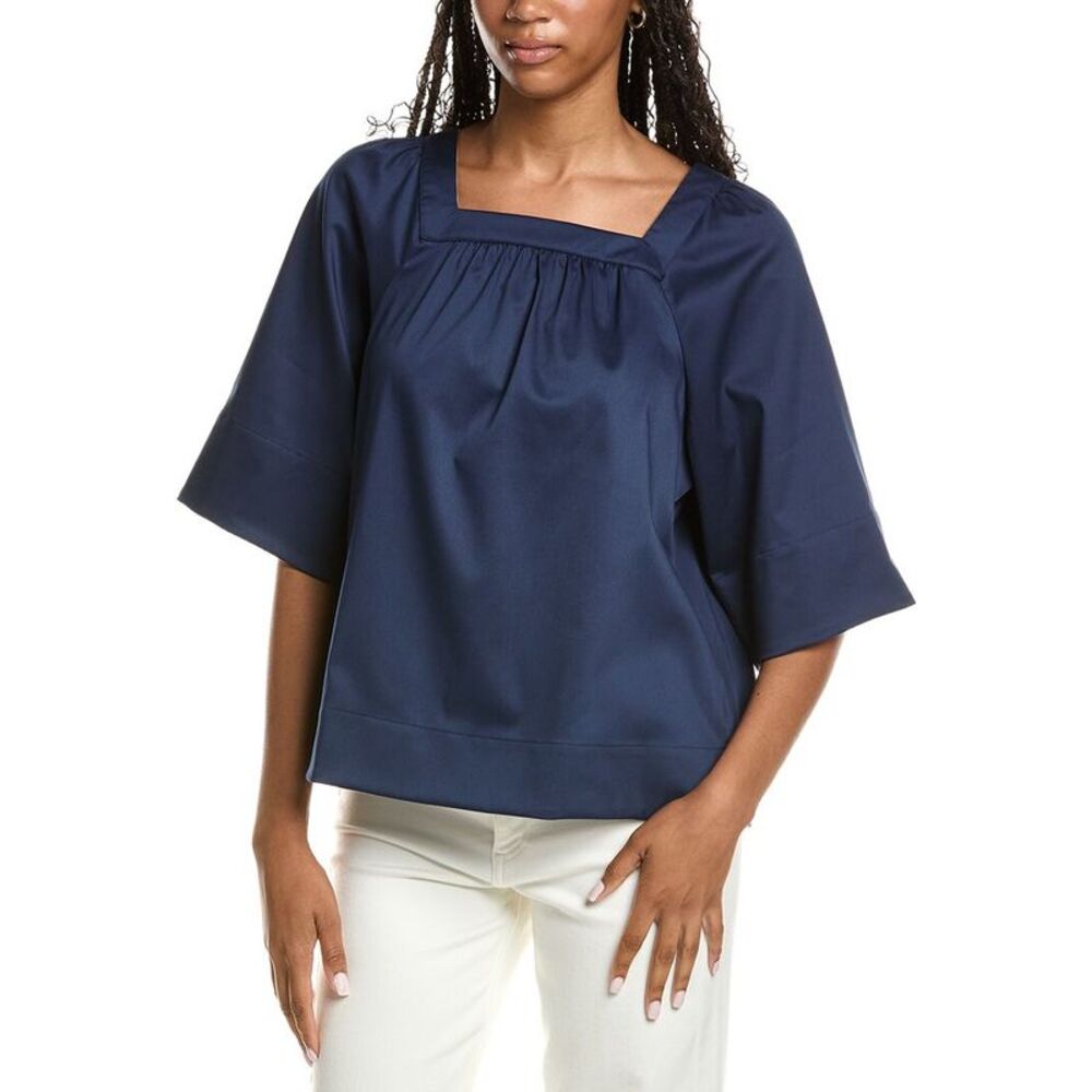 Foxcroft Womens Violet Elbow-Sleeve Matte Top, Navy